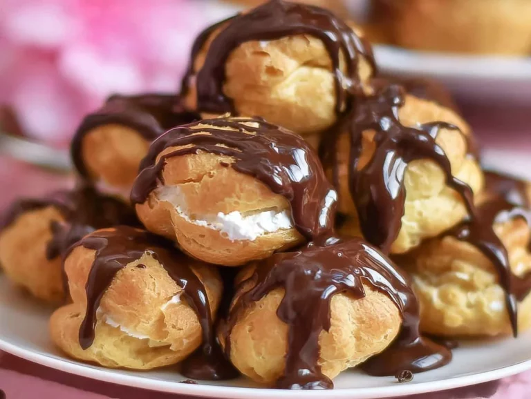 Delicious gluten free profiteroles filled with cream and topped with chocolate sauce