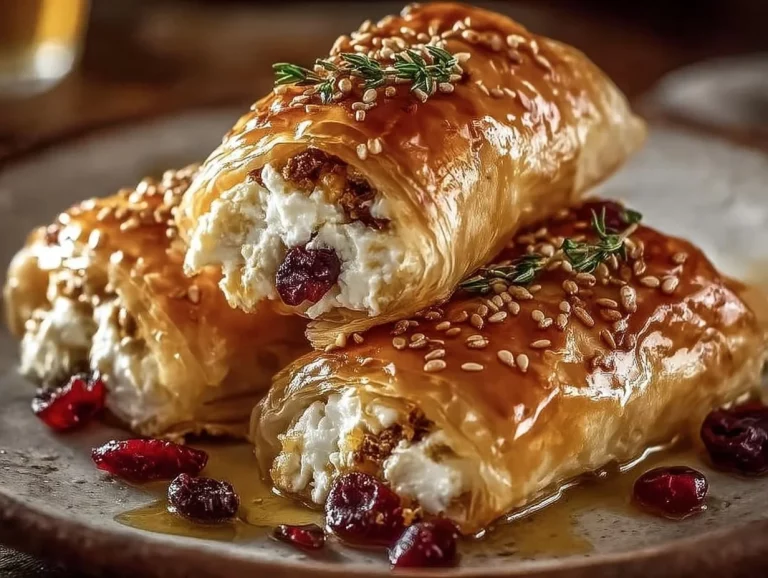 Golden baked feta rolls with sweet cranberry honey displayed on a plate