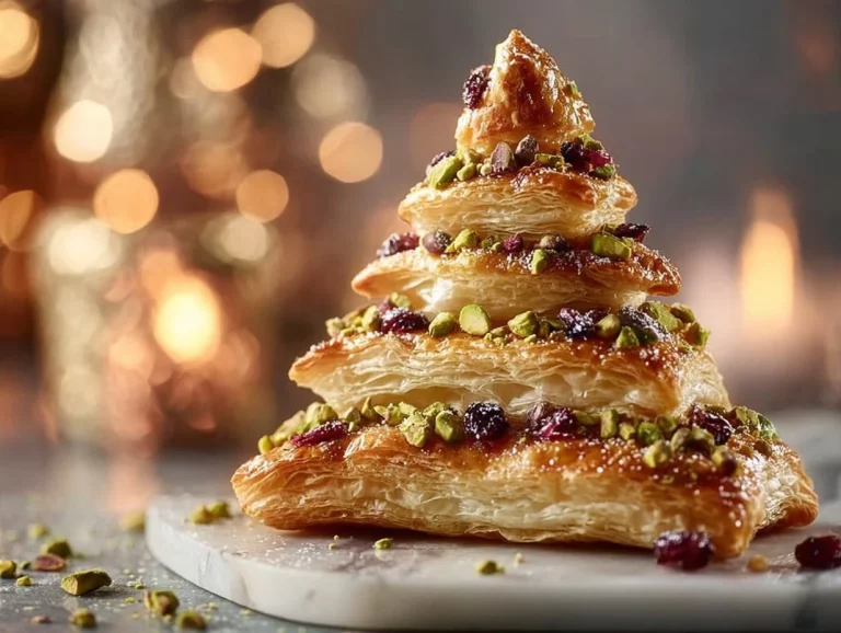 Golden Christmas Tree Puff Pastry decorated with Brie, cranberries, and pistachios
