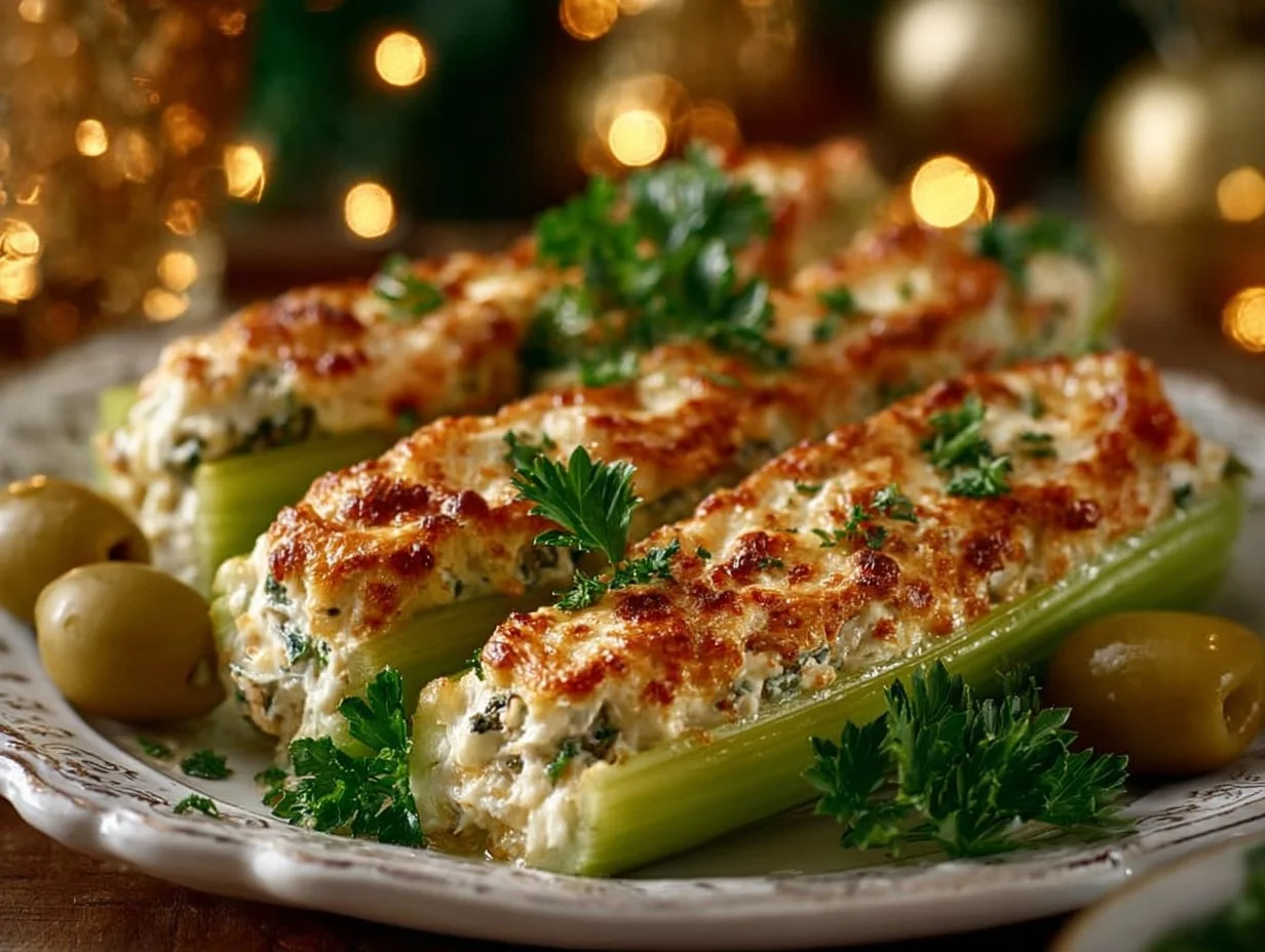 Deliciously prepared stuffed celery filled with creamy mixture.