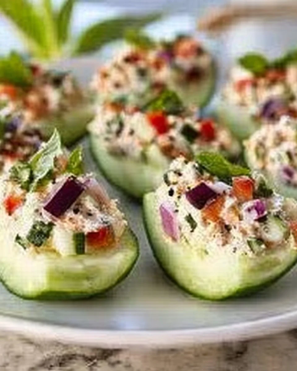 Greek salad stuffed cucumber bites arranged on a plate