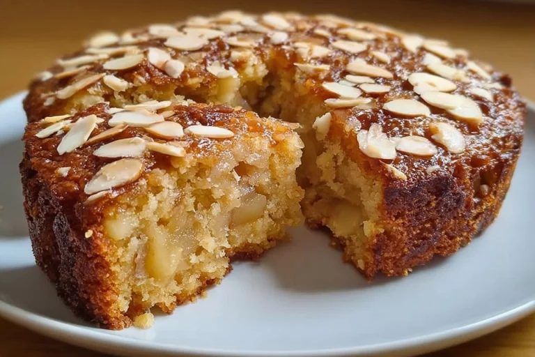 Healthy oatmeal apple cake topped with fresh apples and nuts