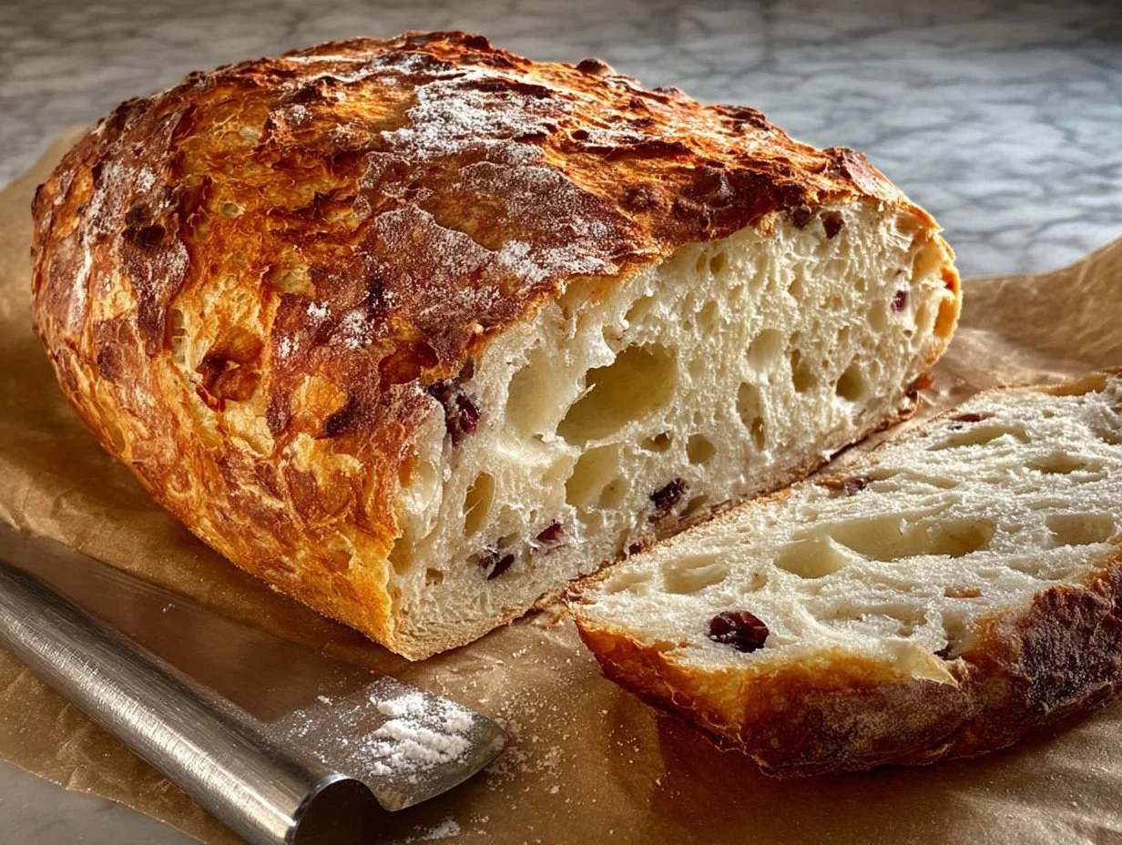 High-Protein Cranberry Nut Loaf with nuts and cranberries on a wooden table