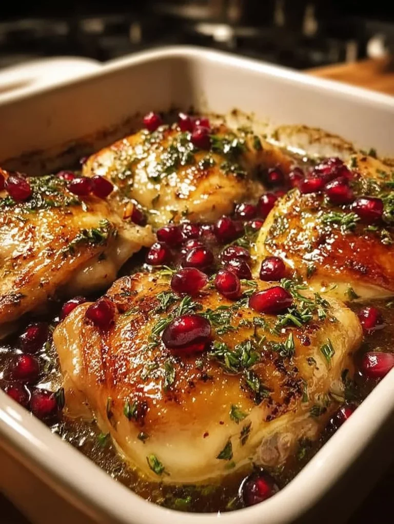 Holiday Cranberry Chicken Bake with cranberries and herbs on a serving plate.