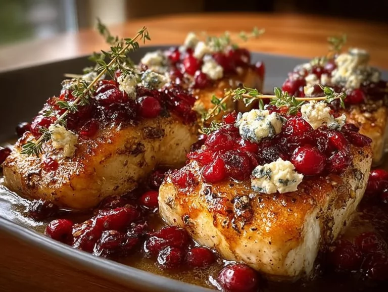 Baked Honey Cranberry Chicken garnished with herbs and served with side vegetables
