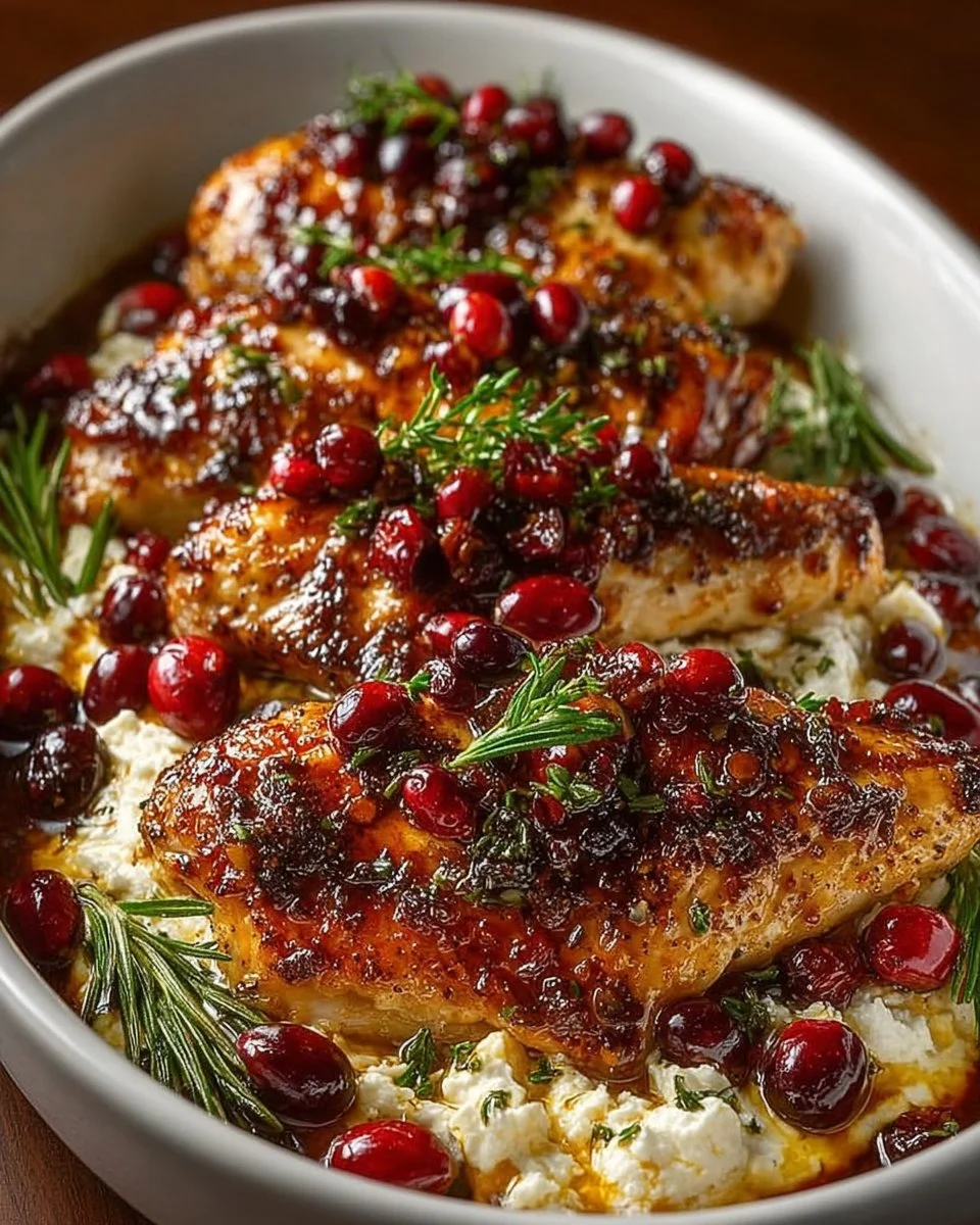 Honey Cranberry Chicken Bake topped with creamy Ricotta Cheese