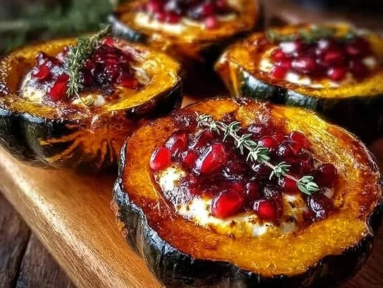 Honey-glazed acorn squash topped with goat cheese and cranberry drizzle