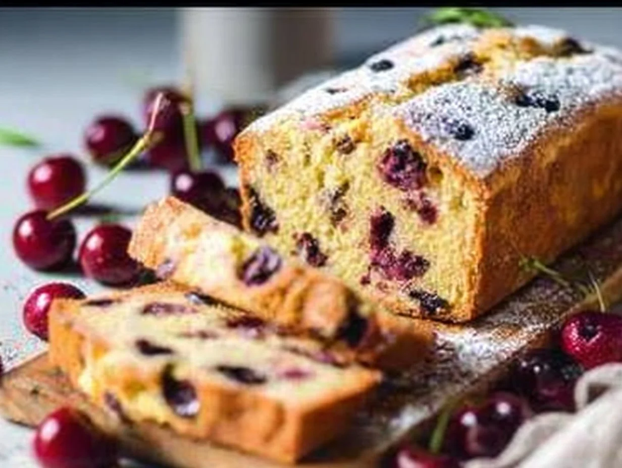 Italian Cherry Pound Cake with cherries on a plate