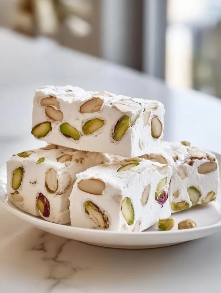 Italian Torrone soft white nougat with nuts, a traditional dessert