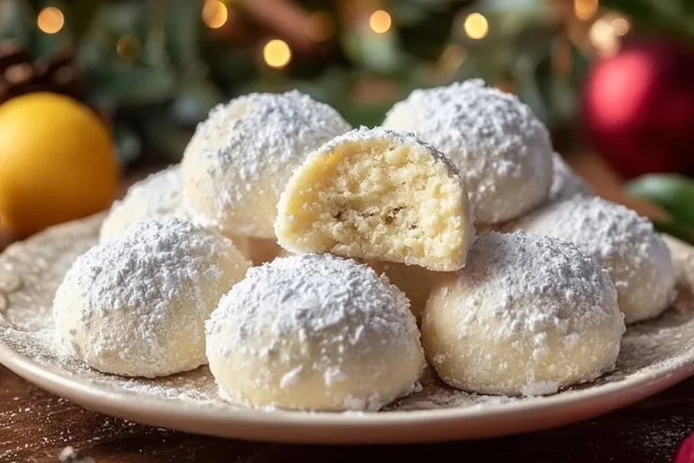 Delicious Lemon Cream Snowball Cookies dusted with powdered sugar.