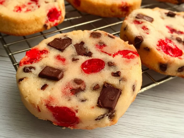 Festive Maraschino Cherry Shortbread Christmas Cookies on a decorative plate.