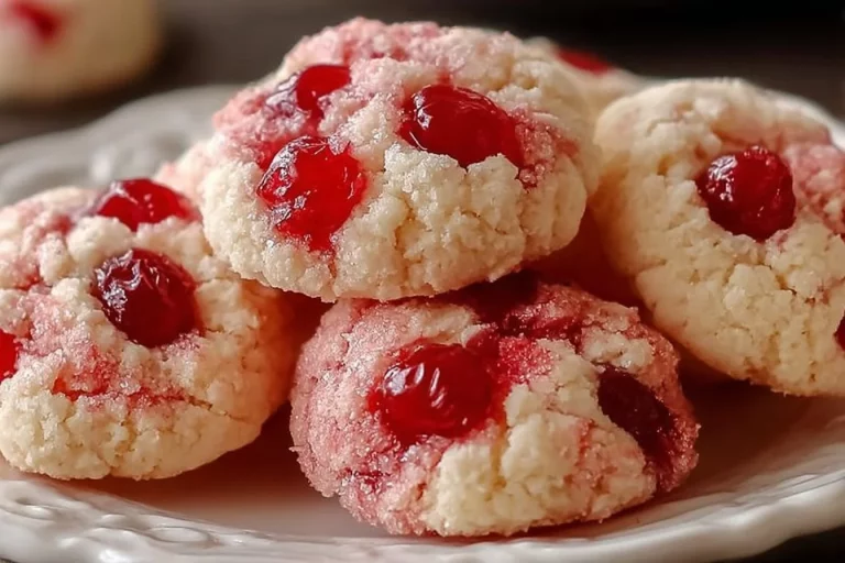 Freshly baked melt-in-your-mouth cherry shortbread cookies on a plate