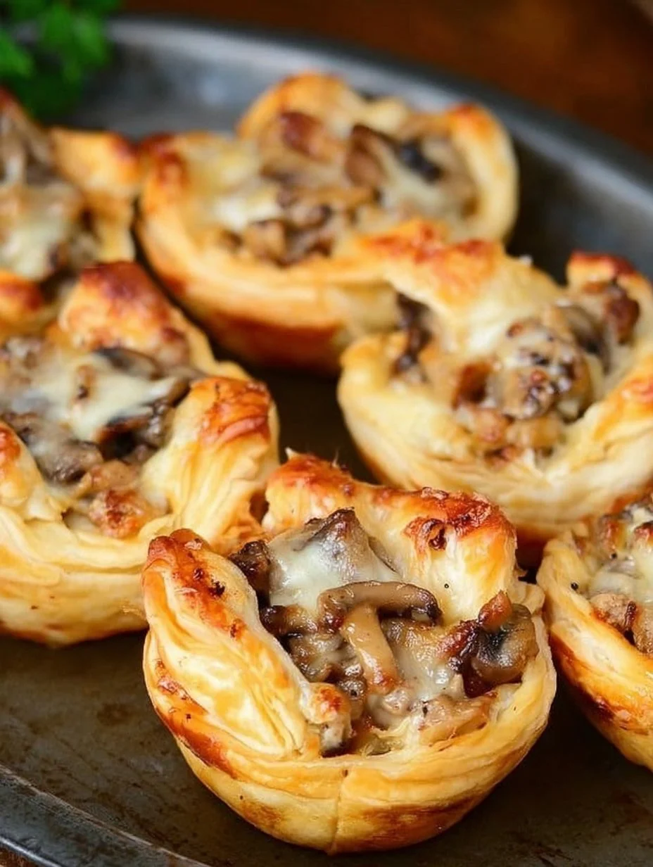 Mushroom Cheese Puff Bites served on a platter, garnished with herbs.