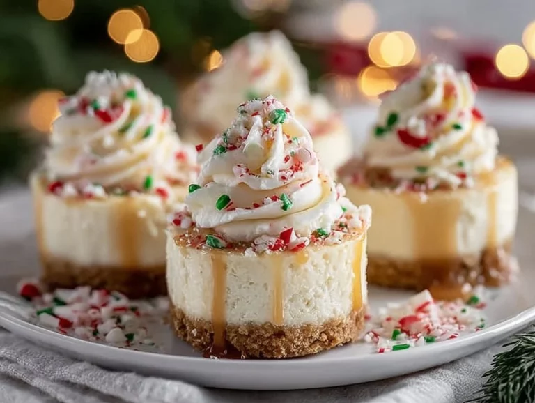 Delicious no-bake Christmas mini cheesecakes topped with festive decorations