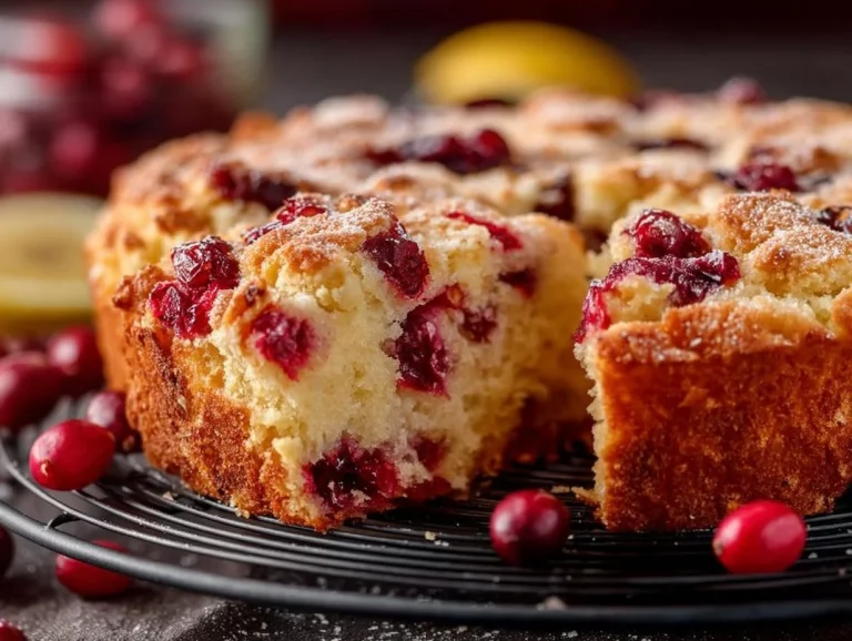 Sliced orange cranberry cake with festive decor and fresh cranberries on top