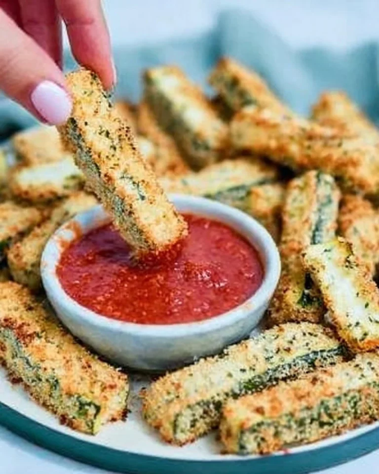 Oven fried zucchini fingers served on a plate with dipping sauce