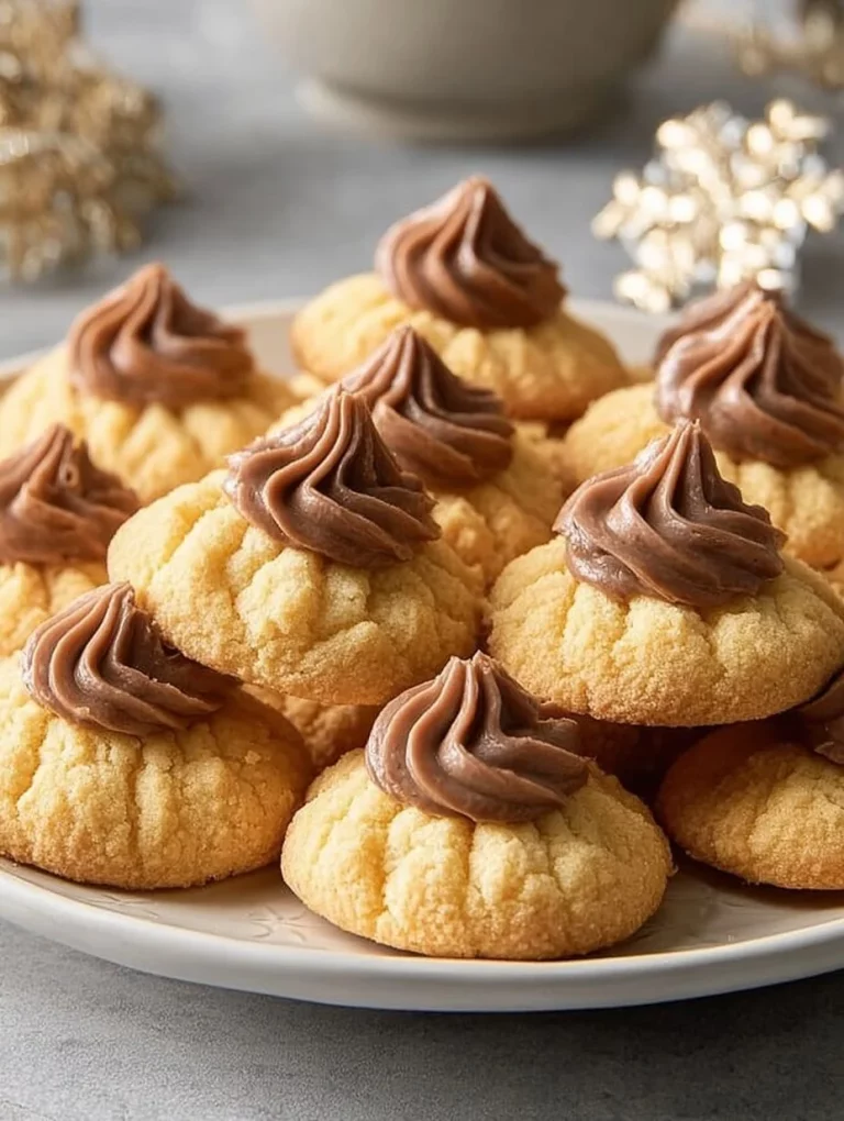 Baked Peanut Butter Blossoms topped with chocolate kisses on a cooling rack