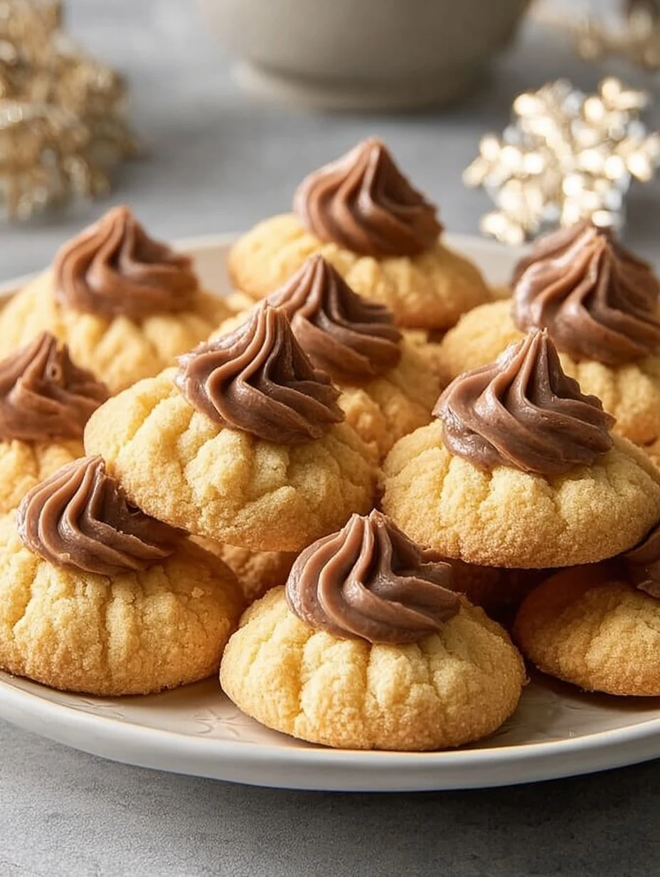Baked Peanut Butter Blossoms topped with chocolate kisses on a cooling rack