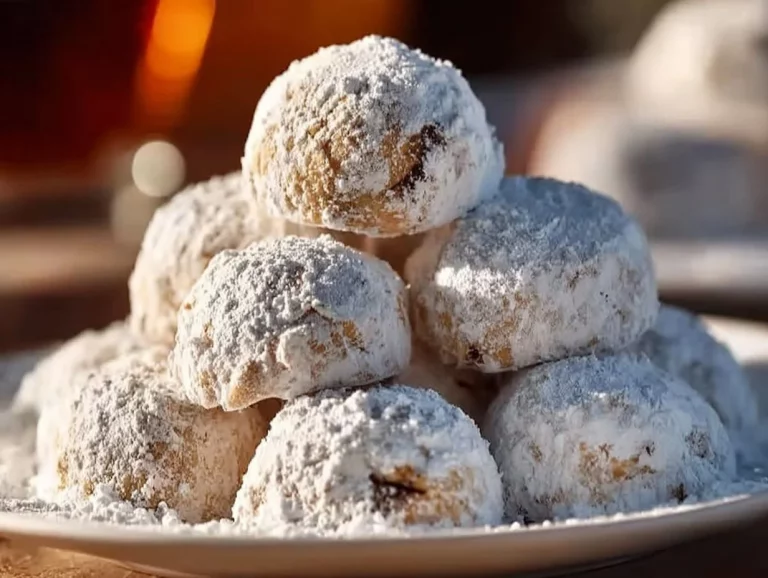 Delicious Pecan Snowball Cookies dusted with powdered sugar on a plate