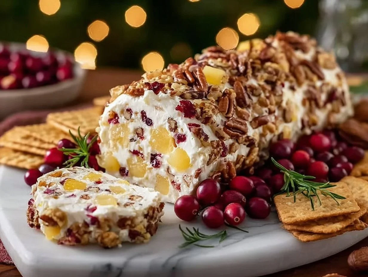 Pineapple Cranberry Holiday Cheese Log garnished with nuts and herbs