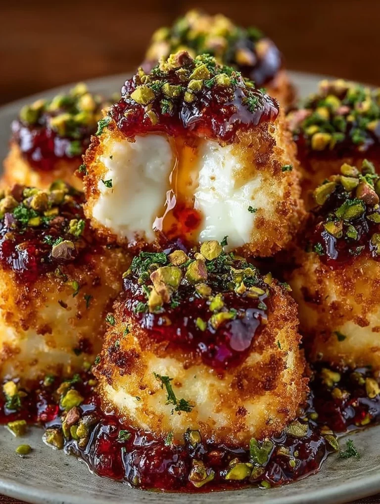 Pistachio-Crusted Brie Bites with Raspberry Honey Glaze on a serving plate