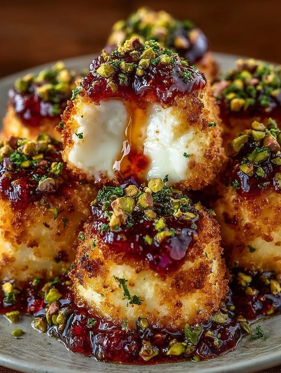 Pistachio-Crusted Brie Bites with Raspberry Honey Glaze on a serving plate