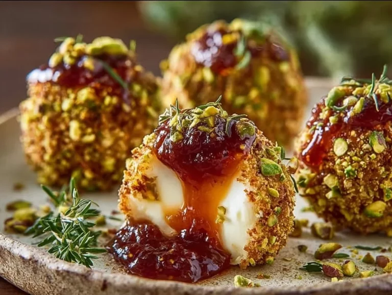 Pistachio-Crusted Brie Bites with Raspberry Honey Glaze on a serving platter