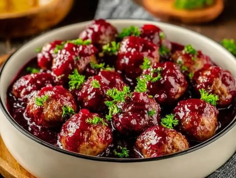 Delicious quick Christmas cranberry meatballs served on a festive platter