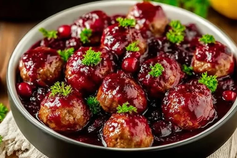 Delicious quick Christmas cranberry meatballs served on a festive platter