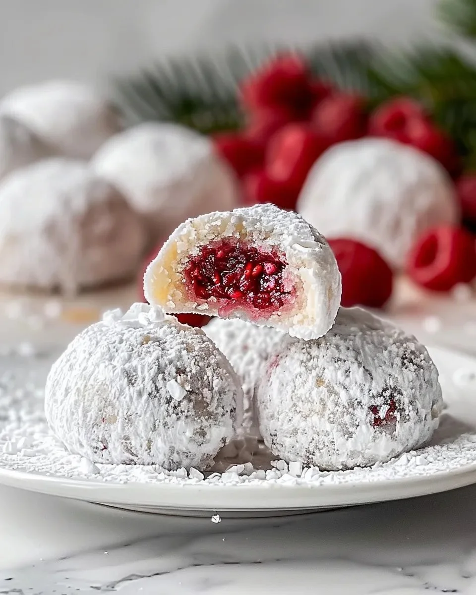 Raspberry Almond Snowball Cookies decorated with powdered sugar on a plate.