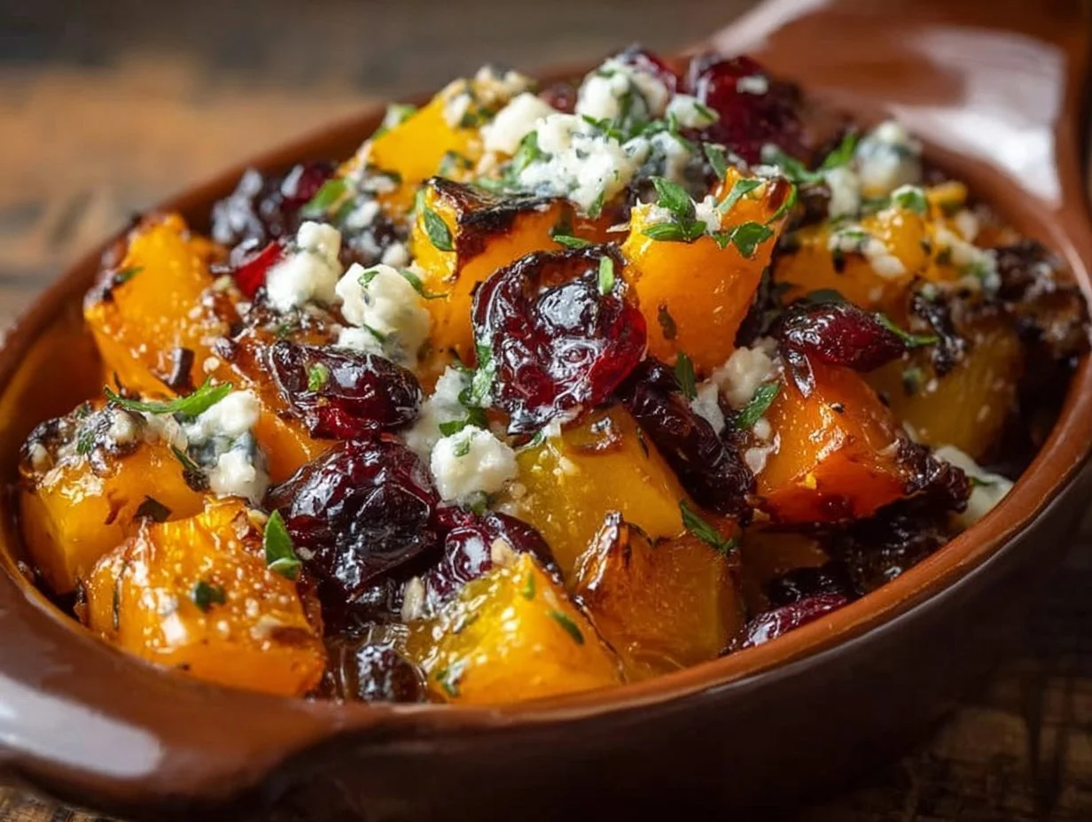Plate of roasted butternut squash with cranberries, goat cheese, and shallots