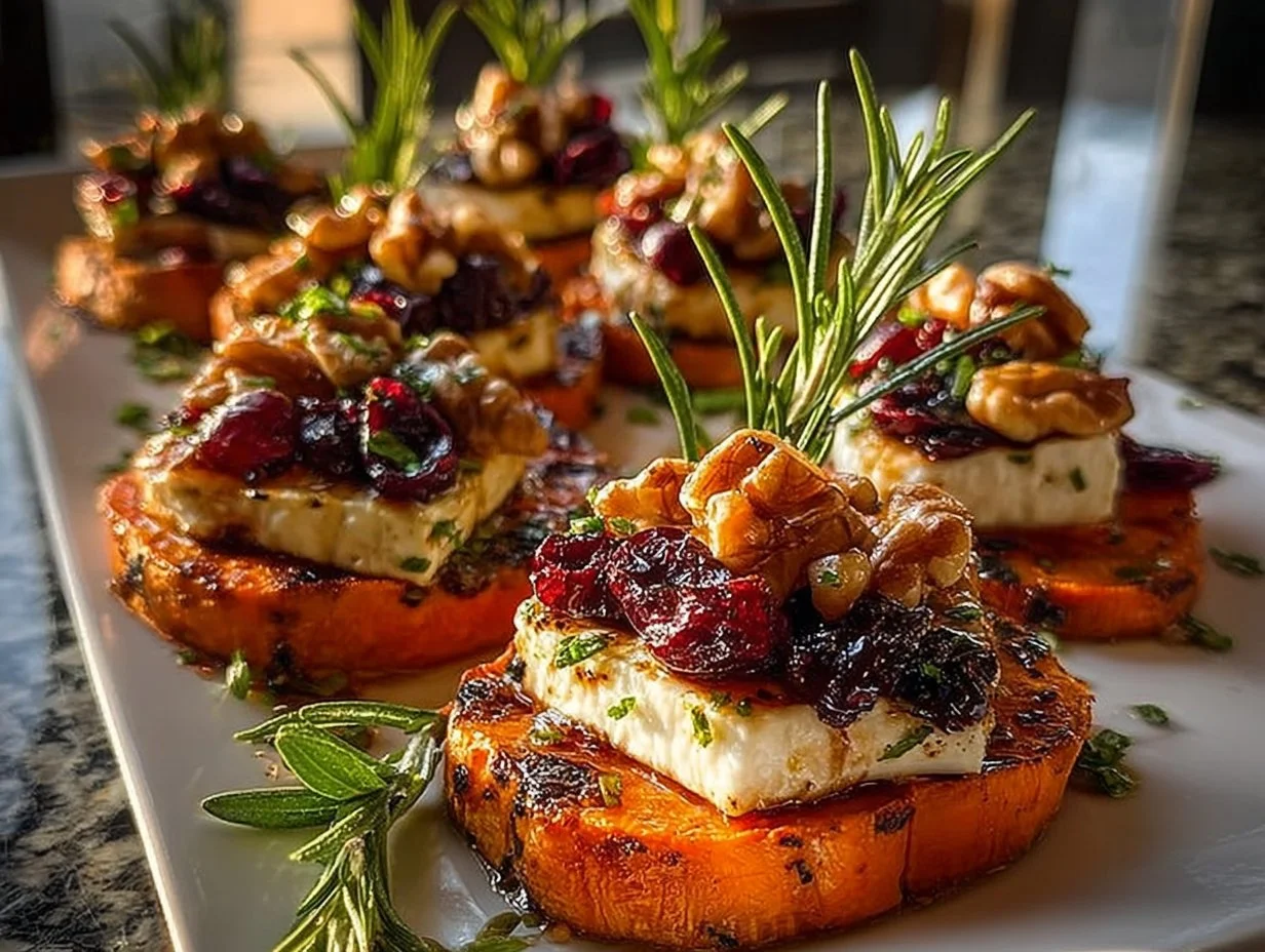 Delicious roasted sweet potato rounds topped with brie, dried cherries, and walnuts.