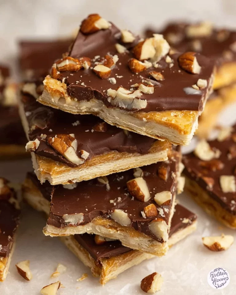 Delicious Saltine Cracker Toffee dessert topped with chocolate and nuts