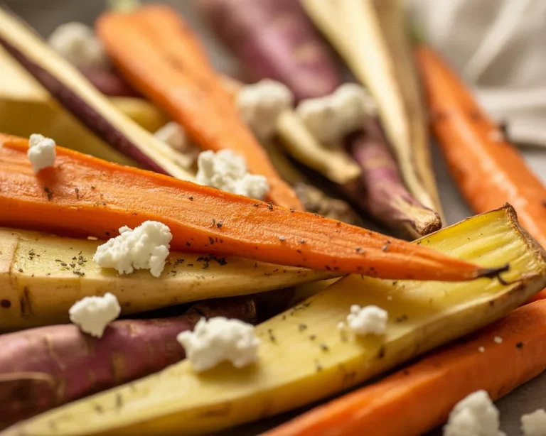 Roasted root vegetables with feta crumble, featuring carrots, sweet potatoes, and Brussels sprouts.
