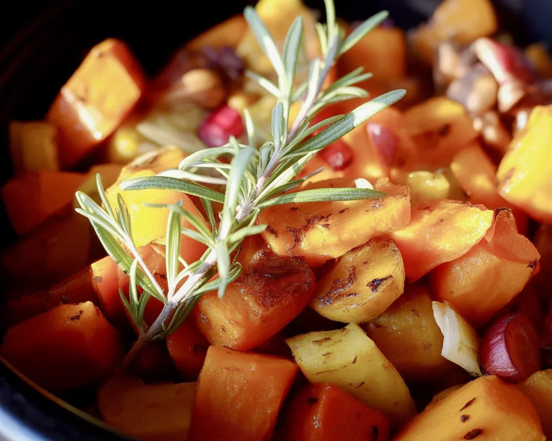 Caramelized Butternut Squash with Cranberry Balsamic drizzled on a dish