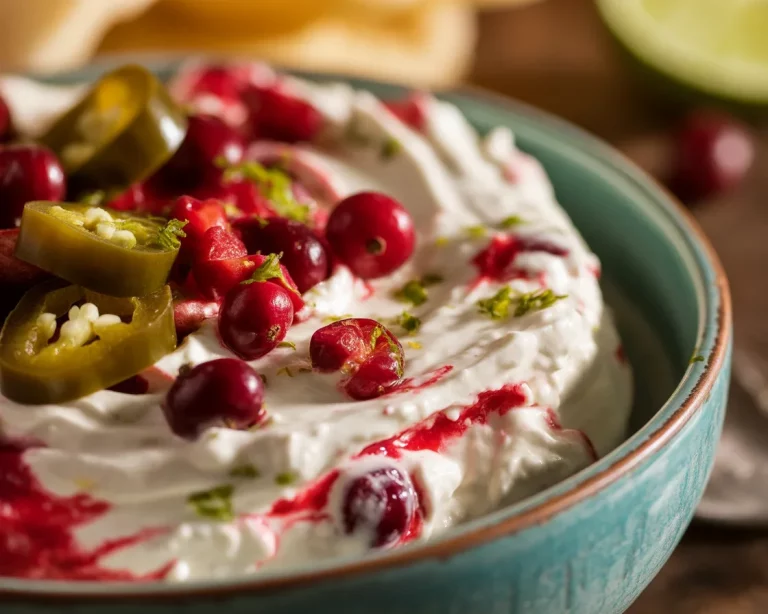 Small batch Cranberry Jalapeño Cream Cheese Dip served in a festive dish.