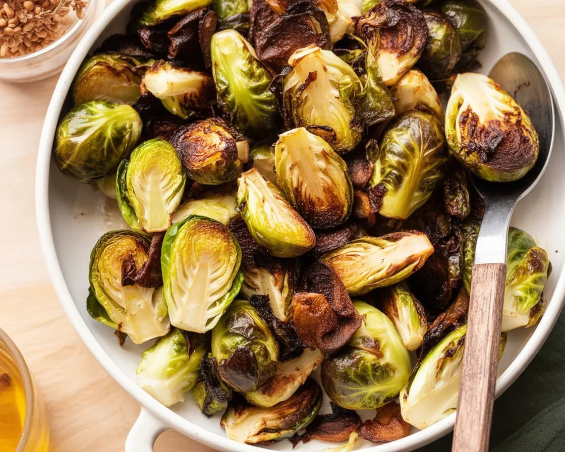 Honey Dijon Roasted Brussels Sprouts with caramelized finish and golden color