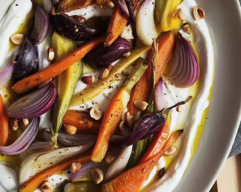 Honey roasted winter vegetables on a sheet pan with balsamic drizzle and herbs.