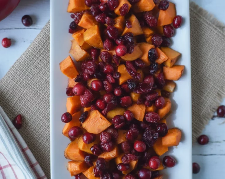 Maple Roasted Sweet Potatoes with Cranberries, a flavorful and festive side dish.