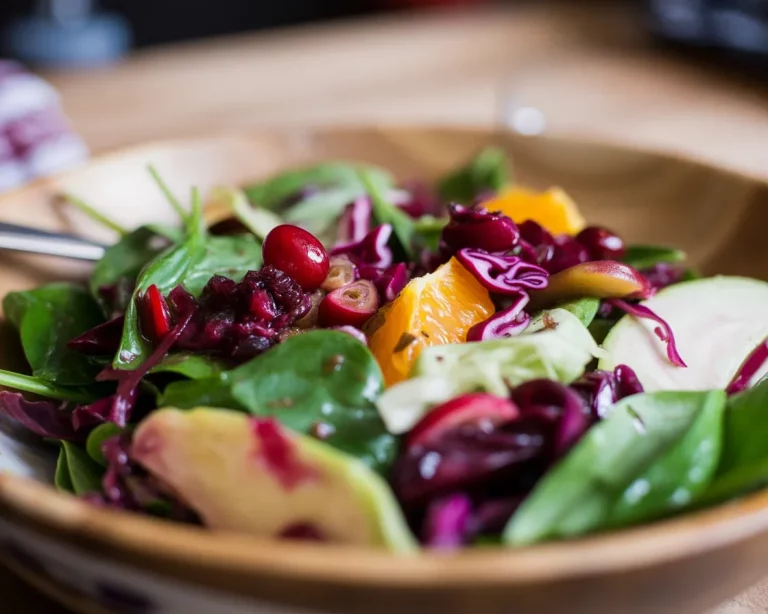 Colorful roasted vegetables drizzled with cranberry vinaigrette on a rustic plate