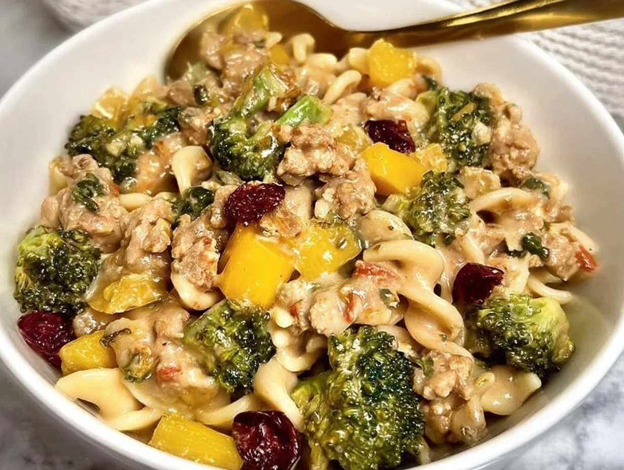 Savory turkey pasta bowl topped with creamy cranberry sauce, a delightful dish