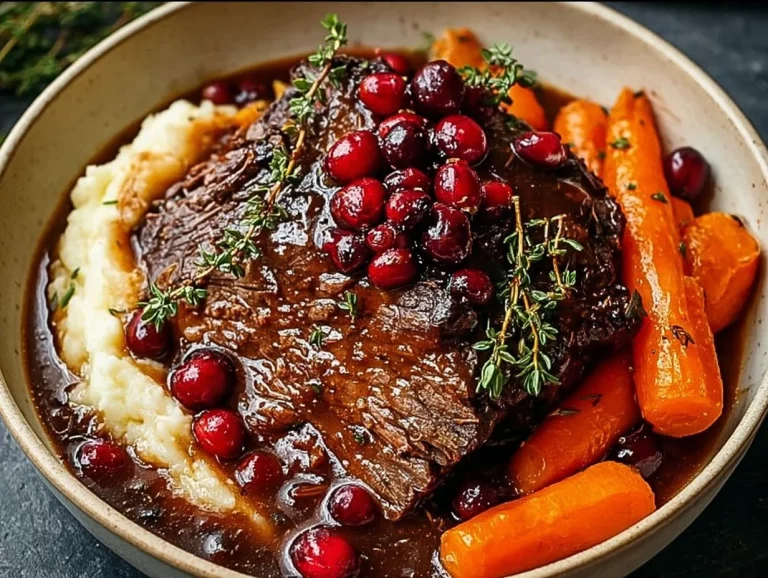 Slow-braised cranberry maple beef roast served with fresh herbs and side dishes.