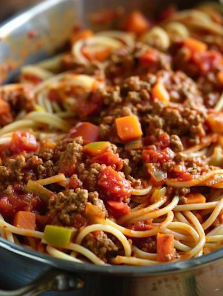 Slow cooker spaghetti with ground beef served in a bowl