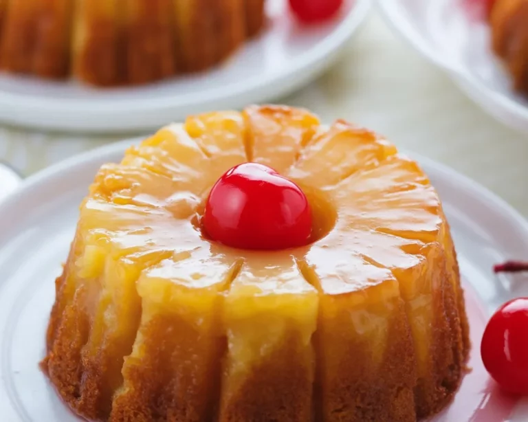 Small Batch Mini Pineapple Upside Down Cakes in ramekins with cherries on top