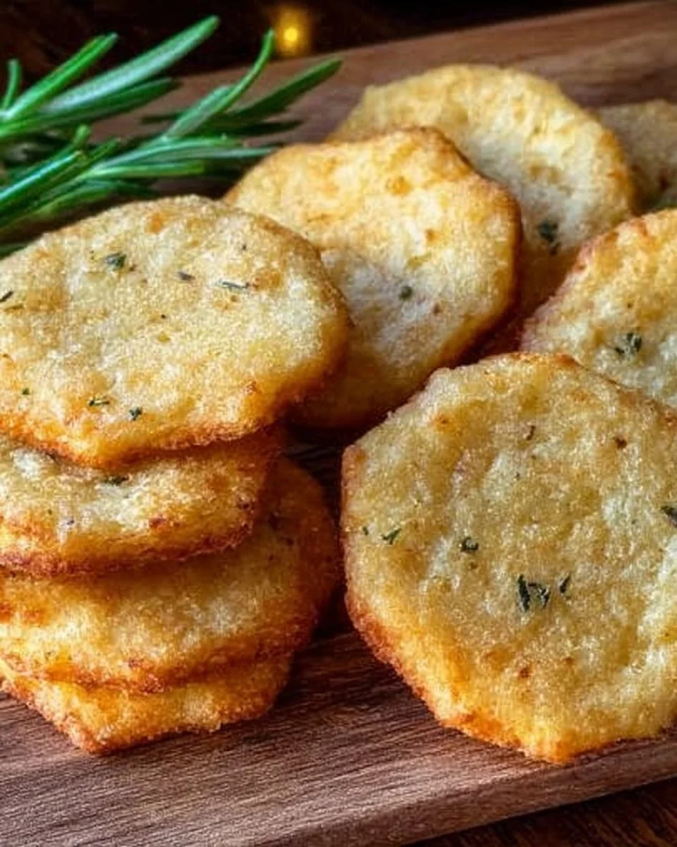 Smoky cheddar crackers on a wooden platter with herbs