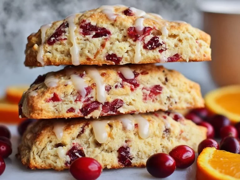 Freshly baked sourdough cranberry orange scones on a wooden board