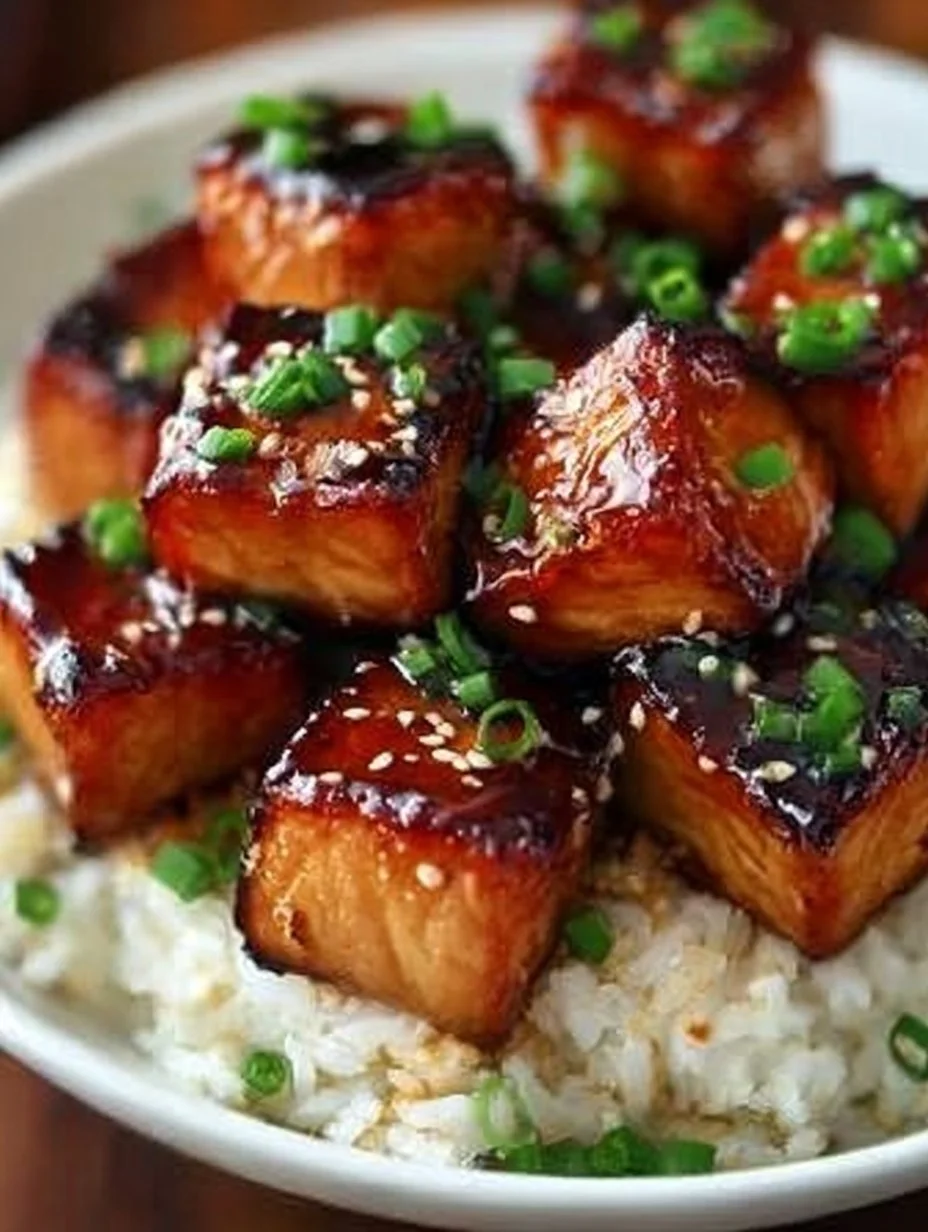 Sticky honey garlic salmon bites on a plate with garnishes