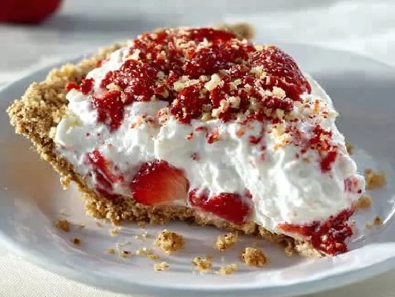Strawberry crunch cheesecake topped with fresh strawberries and crunchy layers.