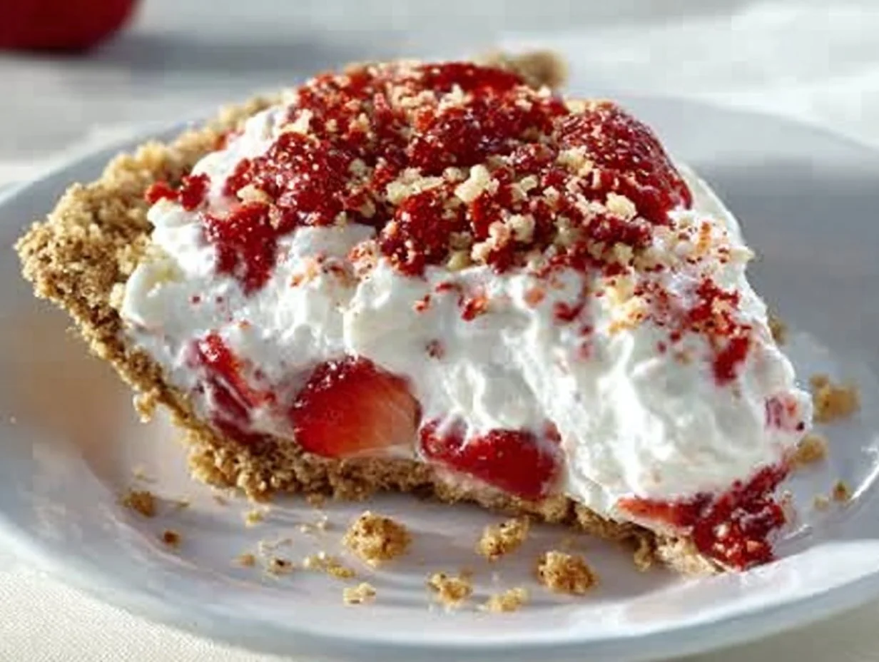 Strawberry crunch cheesecake topped with fresh strawberries and crunchy layers.