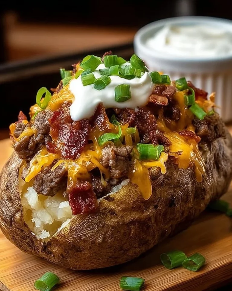 Stuffed baked potatoes with Cajun steak and Parmesan sauce, served in a dish.